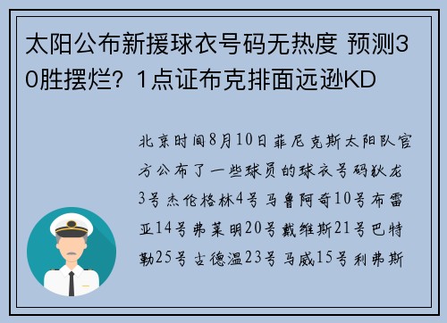 太阳公布新援球衣号码无热度 预测30胜摆烂？1点证布克排面远逊KD